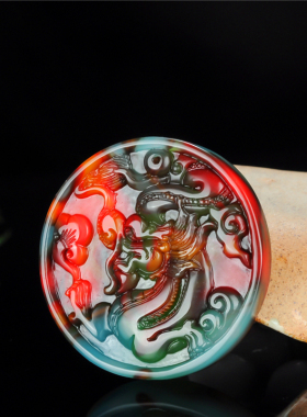 玉器鸡血玉龙牌吊坠男女款和田玉生肖龙挂件金丝玉彩玉龙玉牌项链