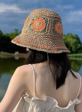 手工编织草帽2025新款彩色花朵海边帽子遮阳防晒镂空透气出游度假