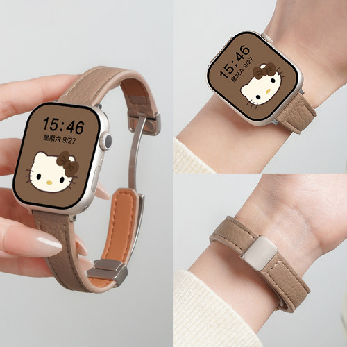 适用苹果iWatchs11手表带applewatchs11荔枝纹磁吸真皮s10表带s9智能手表s8女款磁吸卡扣s7秋冬s6代se3腕带 - 图1