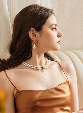 彩色锆石贝母珍珠项链延长链粗链