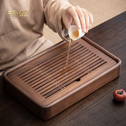 榜盛胡桃木茶盘小型家用茶台一人储水排水茶海茶具托盘实木干泡盘 - 图0