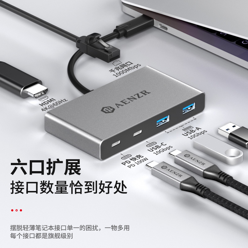 AENZR恩泽拓展坞typec集分线器hub扩展坞USB-C一托六3.1转换器3.2gen2转10Gbps雷电4笔记本ipadpro多c口双c - 图1