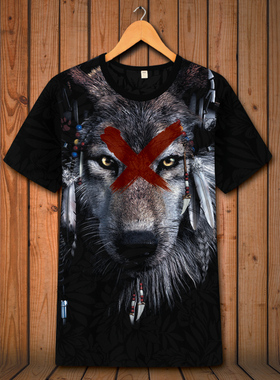 3D动物群狼恶狼头个性图案印花短袖T恤潮牌男装大码半袖体恤衫