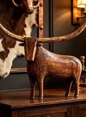 跨境新品Vintage Longhorn Bull Sculpture复古长角公牛树脂摆件