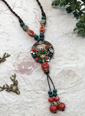 极速【小文精选青春派】新森林系手工陶瓷项链 女U复古百搭毛衣链