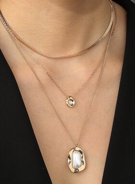 极速欧美爆款项链 时尚个性w多层叠戴蝶流苏颈链 复古天然石锁骨