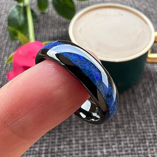 Cross-border popular stainless steel ring blue patch texture pattern black background simple European and American best-selling ring