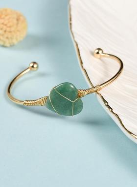 饰品配饰轻奢金银色爱心手镯绿萤石粉晶虎眼手工编织手环水晶