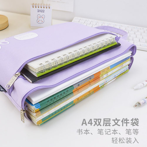 A4手提双层文件袋小学生课本拎书袋卡通可爱试卷收纳袋孕妇b超单资料袋大容量防水a5作业本笔记本拉链袋加厚 - 图2