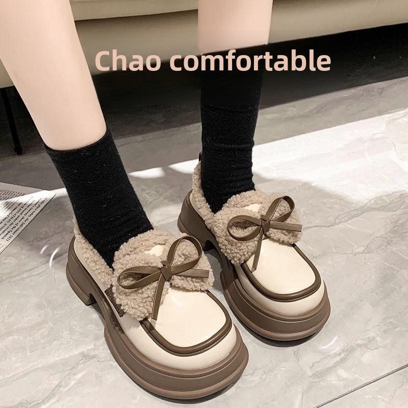 品牌撤柜断码小皮鞋女冬季厚底豆豆鞋加绒覆古蝴蝶结洋气乐福棉鞋,淘宝优惠券,粉丝福利购,淘宝优惠卷
