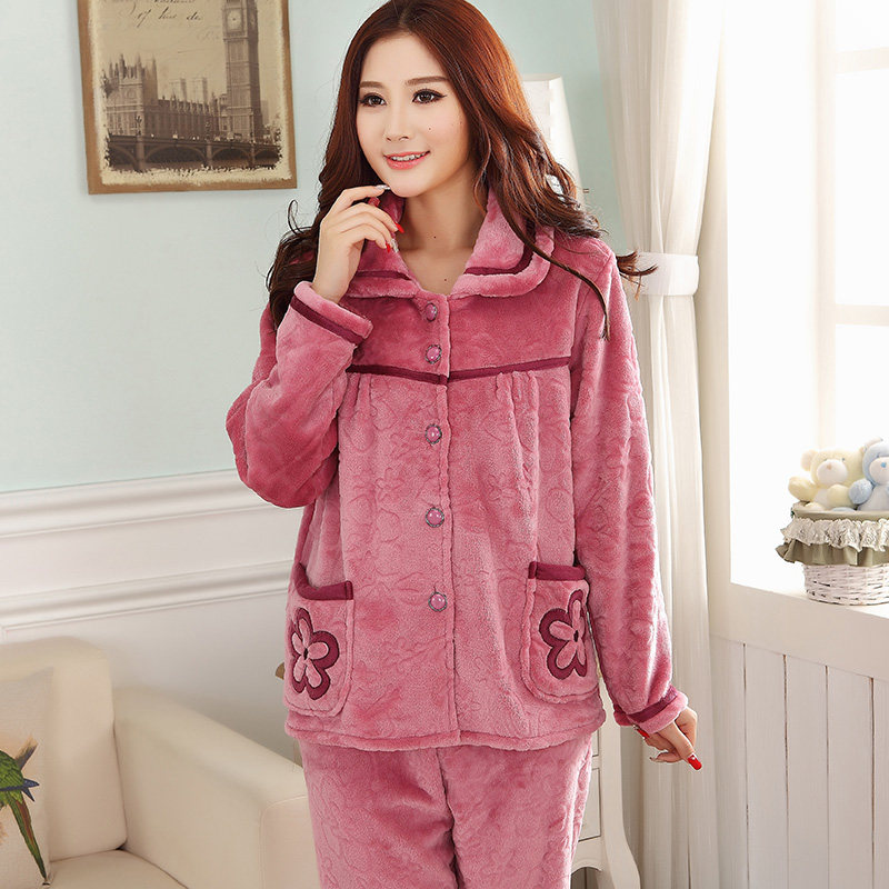 秋冬季法兰绒开衫纯色加绒睡衣 依曼娇睡衣/家居服套装