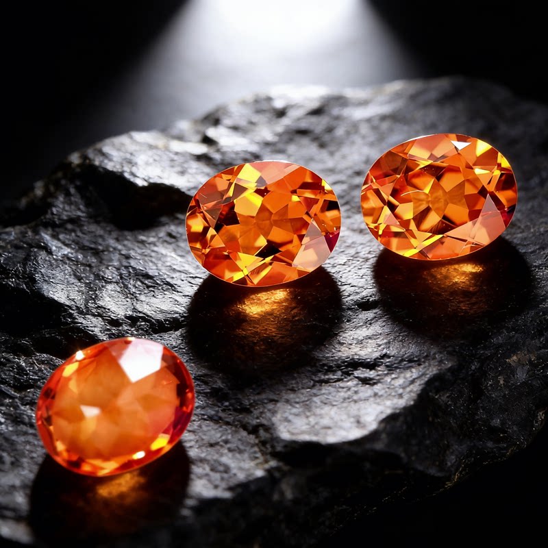 Orange blue bufanta color spessartite garnet African oval loose stone ring with loose diamonds on the ring surface
