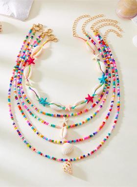 欧美跨境新款多层项链女时尚百搭夏季海星贝壳海螺米珠项链5件套