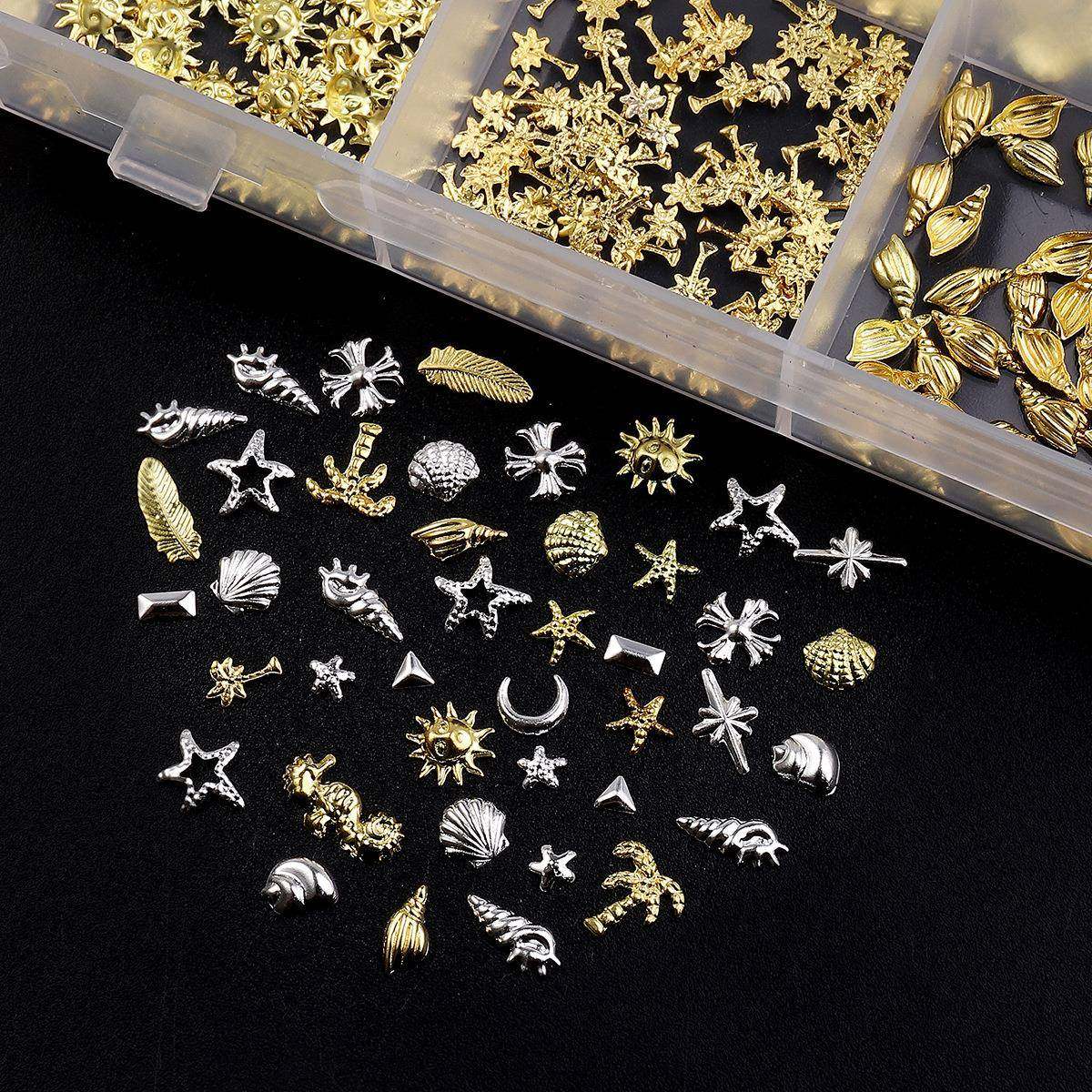 24格跨境美甲饰品金银色铆钉星芒星星混款盒装合金美甲饰品贴片,淘宝优惠券,粉丝福利购,淘宝优惠卷
