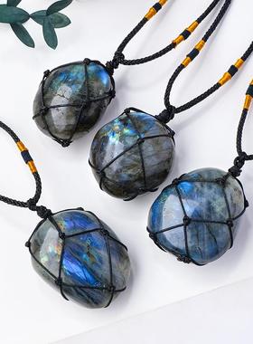 天然水晶拉长石网兜吊坠月光石项链手工编制蓝光外贸热销款跨境