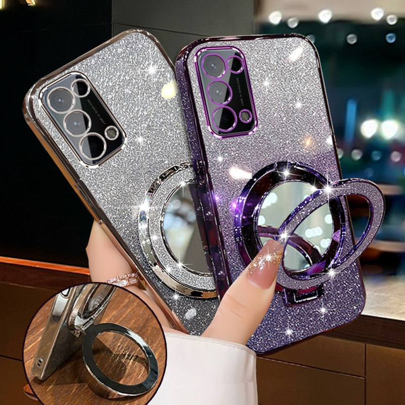 OPPOreno5手机壳Reno5K女潮PEGM10新款Oppo闪粉高级电镀软壳0PP0rno5全包镜头opopreno5pro曲屏PRO网红补妆镜