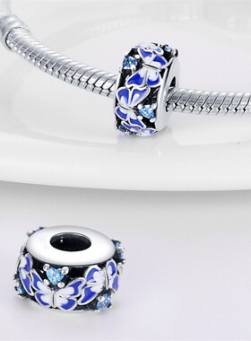 铜镀925银珠子  DIY饰品手链配件 蓝色旅行蝴蝶珠子吊饰 跨境