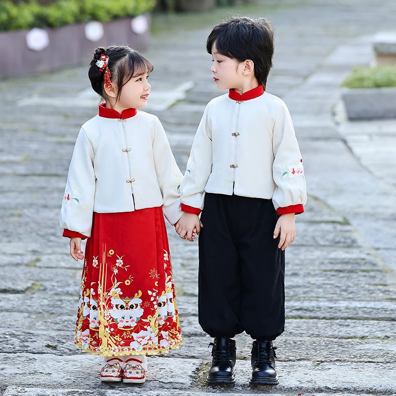 女童拜年服男古装汉服套装加厚宝宝喜庆龙年新年表演服超仙唐装冬-图3