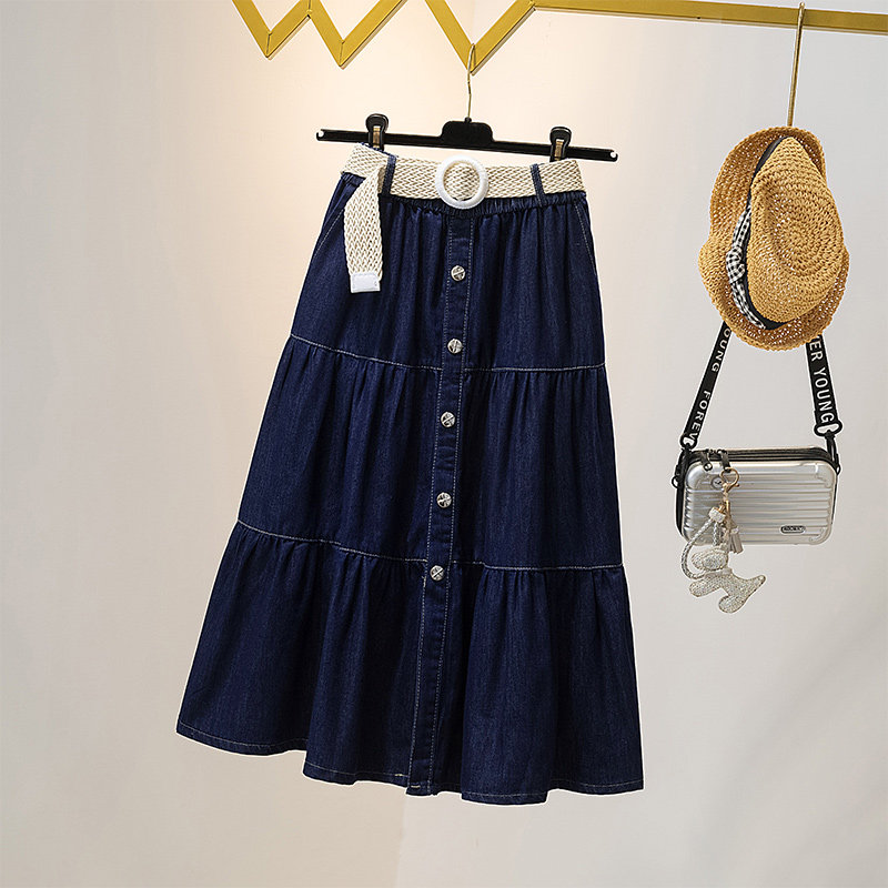 2026春季新款简约单排扣拼接牛仔A字裙加大码高腰遮肉显瘦半身裙,淘宝优惠券,粉丝福利购,淘宝优惠卷