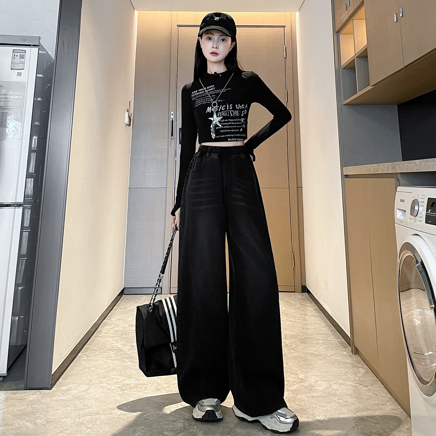 胖MM遮肉显瘦牛仔长裤女2025秋季新款松紧腰提臀收腹直筒阔腿裤子,淘宝优惠券,粉丝福利购,淘宝优惠卷