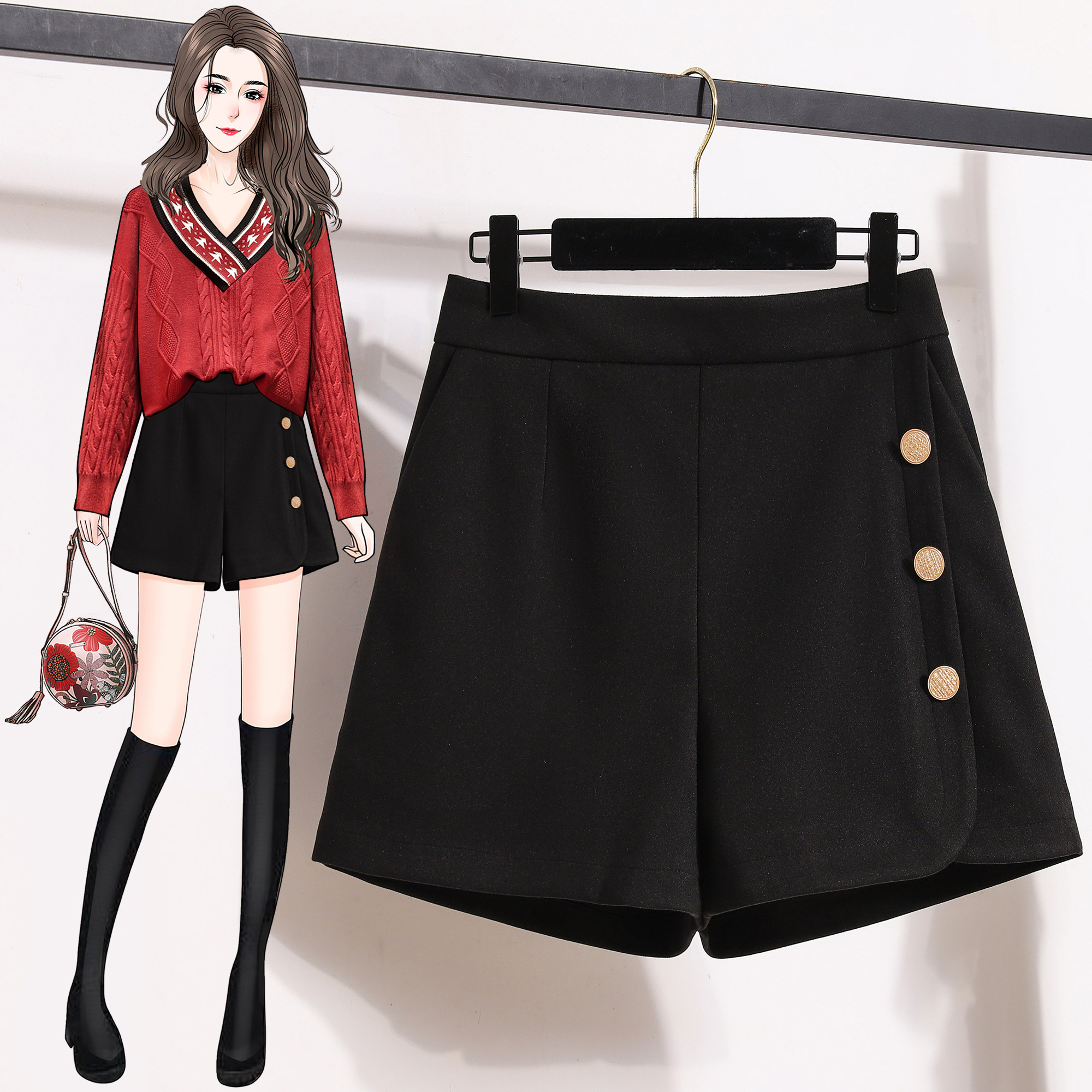 2025秋季新款设计感排扣毛呢阔腿短裤加大码时尚洋气减龄百搭靴裤,淘宝优惠券,粉丝福利购,淘宝优惠卷