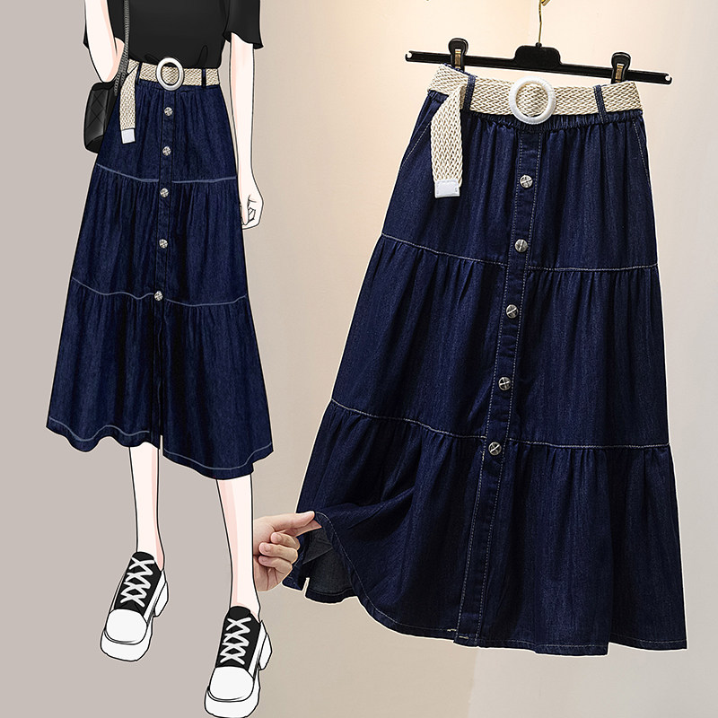 2026春季新款简约单排扣拼接牛仔A字裙加大码高腰遮肉显瘦半身裙,淘宝优惠券,粉丝福利购,淘宝优惠卷