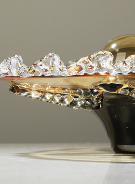 琥珀色艺术玻璃花边果盘摆件现代