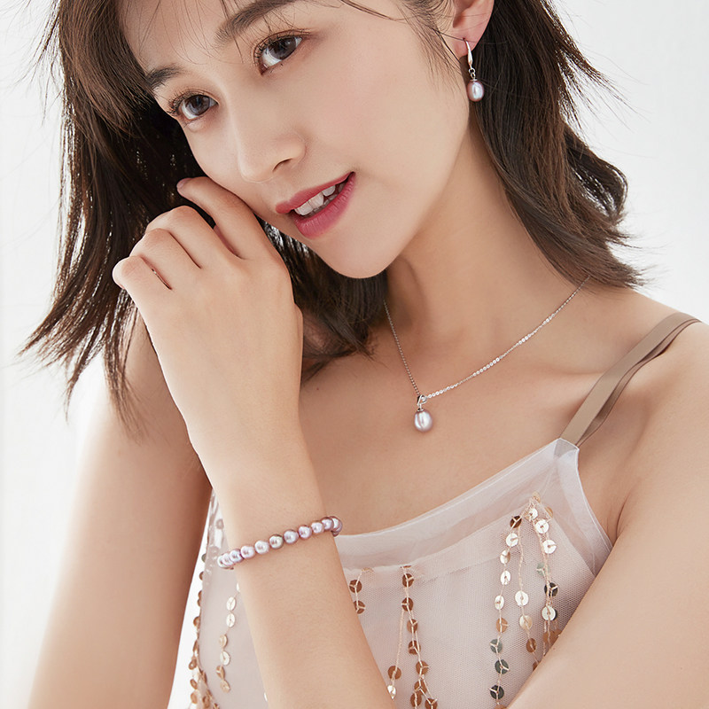 淡水紫色真珍珠女士纯银简约手镯 潮和氏手链