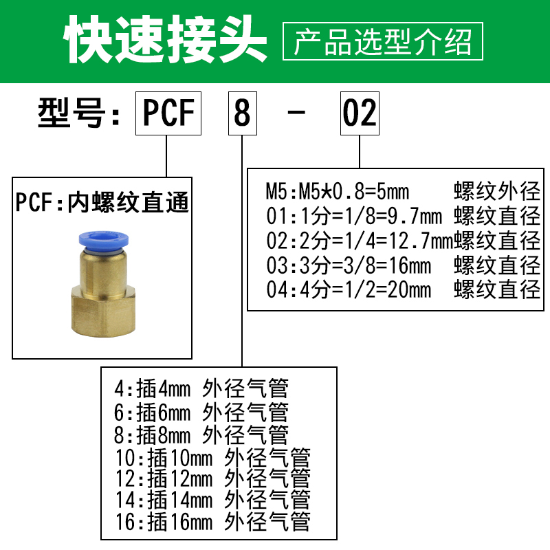 气动铜快速接头PCF8-02气管快插内螺纹直通PCF4/6/10/12-01-02-04