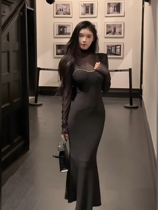 Fat Mm Method Advanced Senses Pure Desire Net Yarn Splicing Tandem Dress Woman Autumn Winter Sweet Hot Girl Closeout Purse Hip Fish Tail Long Dress