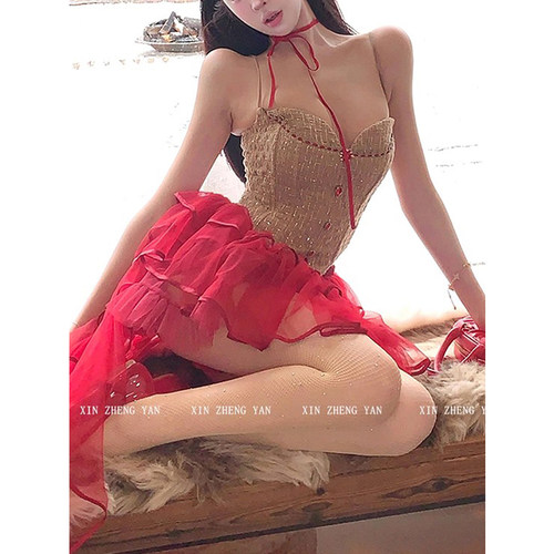 XZY/欣争艳 微胖mm圣诞节氛围感穿搭女纯欲鱼骨胸衣网纱半裙套装 - 图0