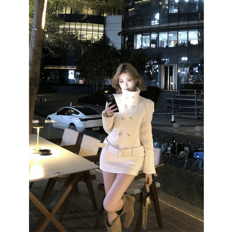 XZY 微胖御姐气质杏色双排扣毛呢外套女25年冬季高腰包臀半裙套装,淘宝优惠券,粉丝福利购,淘宝优惠卷