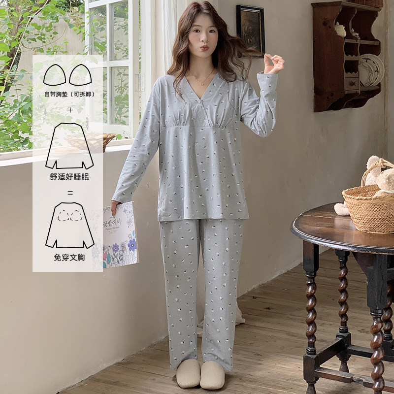 纯棉带胸垫月子服夏季薄款产后哺乳孕妇睡衣春秋产妇喂奶家居吸汗,淘宝优惠券,粉丝福利购,淘宝优惠卷