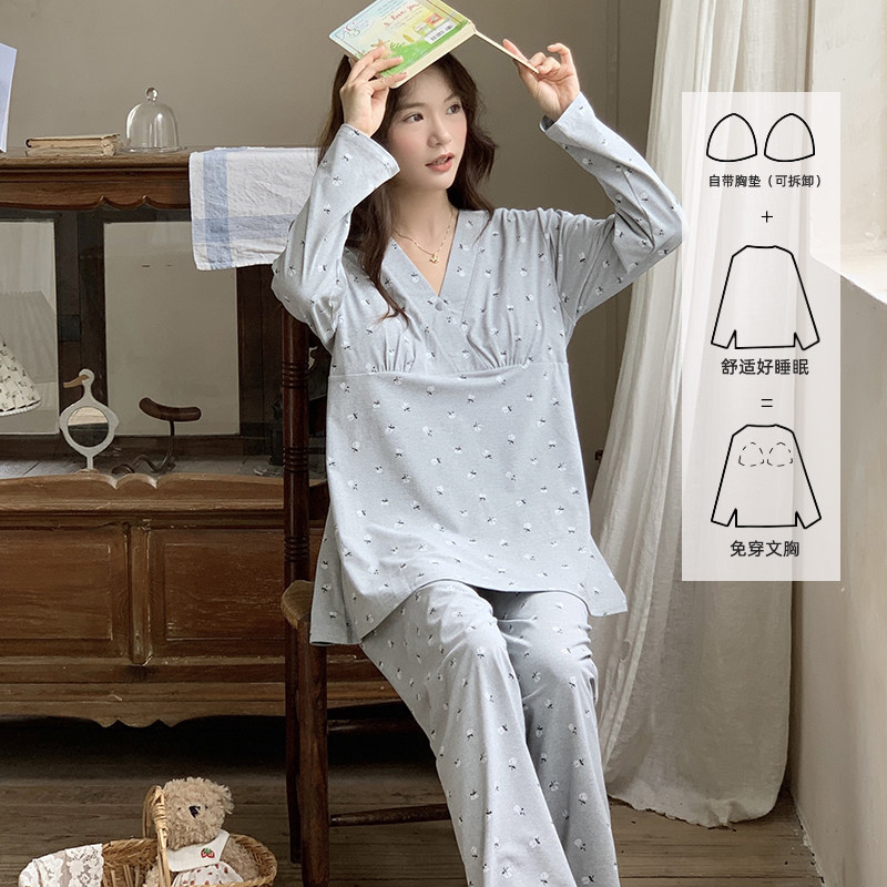 纯棉带胸垫月子服夏季薄款产后哺乳孕妇睡衣春秋产妇喂奶家居吸汗,淘宝优惠券,粉丝福利购,淘宝优惠卷