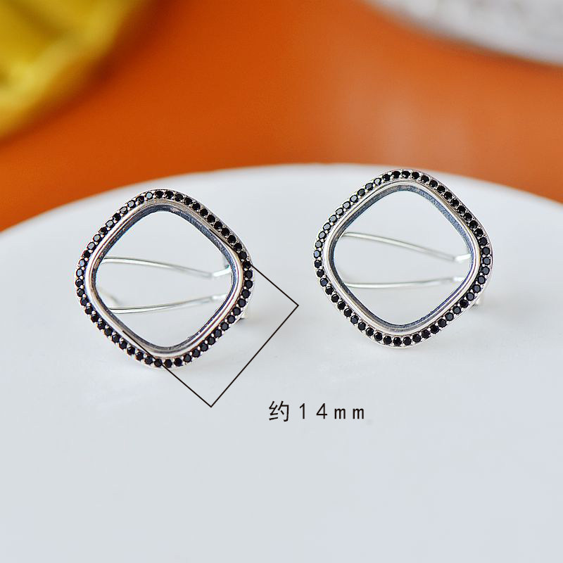 s925空托复古女款圆角方形纯银耳钉 祈禧珠宝项坠/吊坠