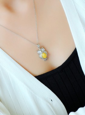 纯银吊坠空托猫头鹰DIY琥珀玉石