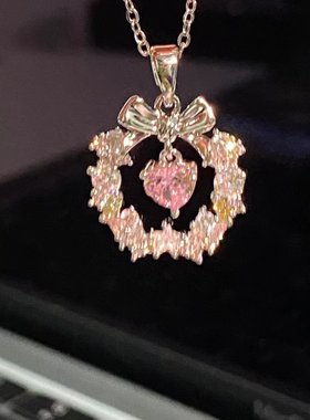 鹿妮蝴蝶结爱心可动镶钻项链