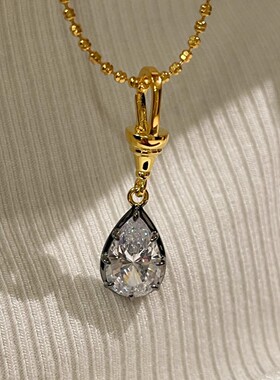 925银镀18K金枪黑水滴形项链轻奢高级感新款简约镶钻设计吊坠项链