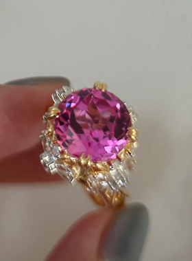 辉之翼珠宝 S925银豪华重工款11*11帕帕拉恰刚玉莲花切戒指富婆款