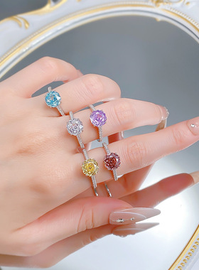 隆隆金珠宝S925纯银新品8*8mm千禧切八边石结婚戒指可送礼百搭款