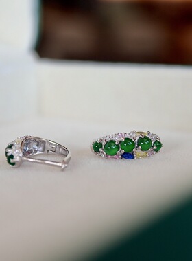 天然帝王绿翡翠戒指S925纯银翡翠耳包简约大气珠宝饰品抖音货源