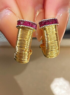 925银镀金意大利时尚小巧手工绕丝祖母绿红宝日常耳扣