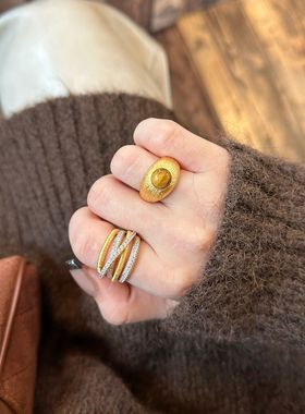 金丝雀·意大利拉丝工艺多层排钻交叉戒指S925纯银镀18k黄金钻戒