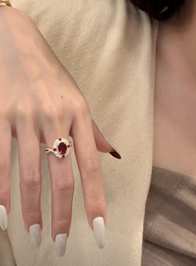 珠宝 2025新品S925银6*8mm仿真鸽血红椭圆戒指女宫廷中古风