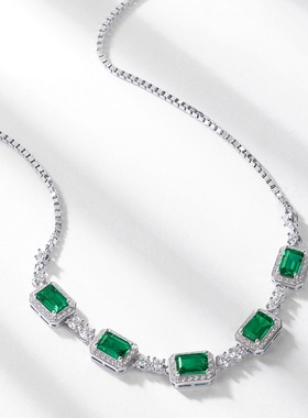 跨境新款培育祖母绿锁骨链女S925银镶嵌彩宝满钻项链欧美轻奢复古