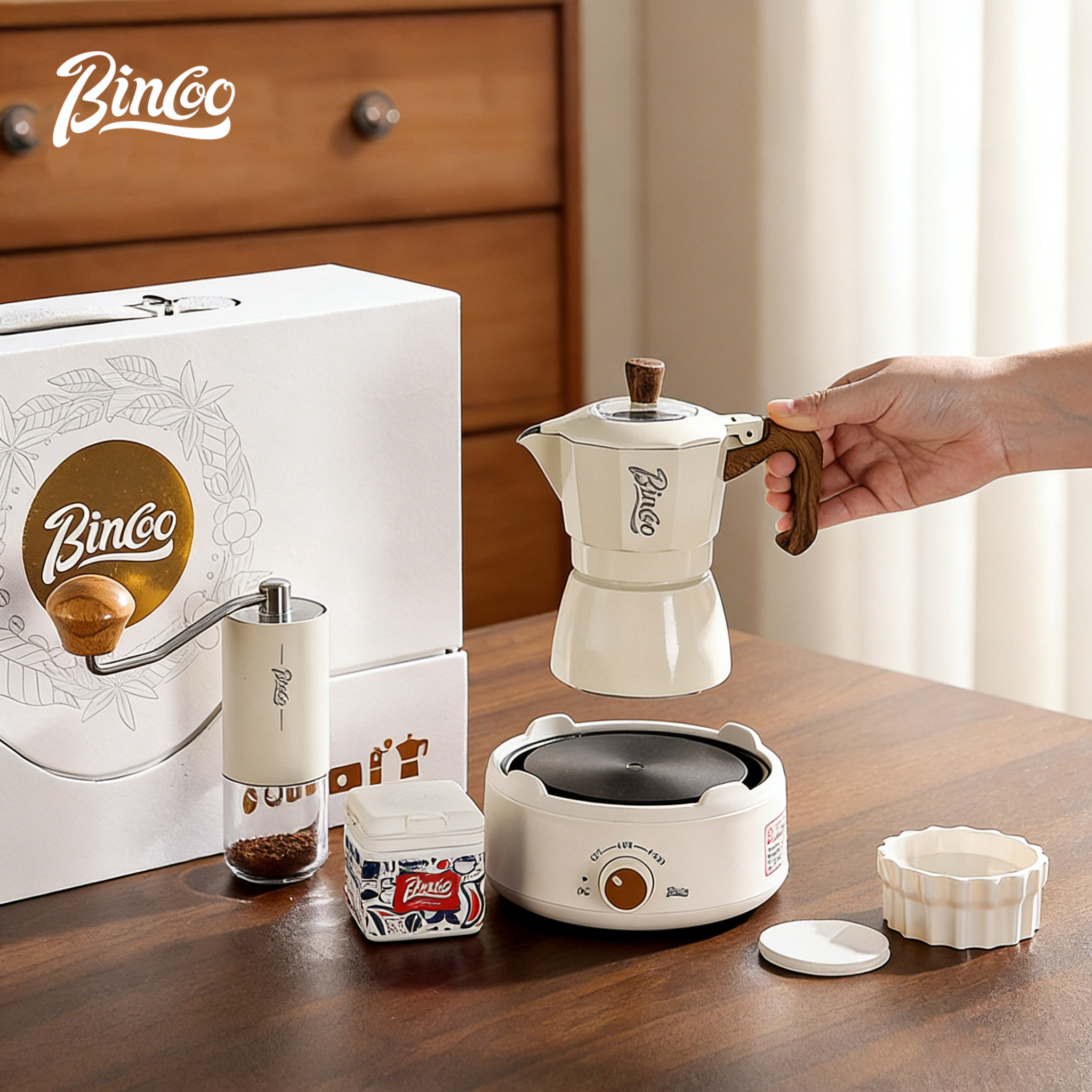 Bincoo摩卡壶双阀煮咖啡壶套装家用电炉手摇磨豆机意式浓缩咖啡机,淘宝优惠券,粉丝福利购,淘宝优惠卷