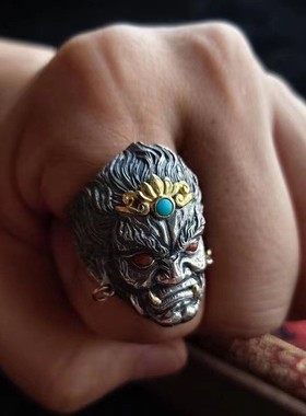 2026霸气不动明王戒指男款潮藏银手工精雕复古个性仿绿松南红石食