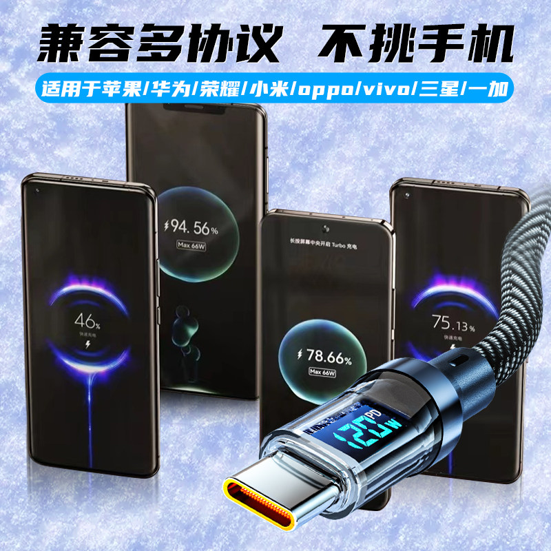 适用苹果快充数据线120w透明实时数显数据线typec充电线PD27W适用华为vivo安卓手机100w快充线双头type-c快冲