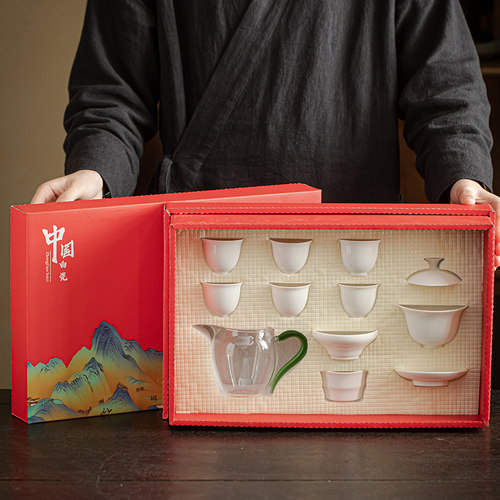 德化白瓷功夫茶具套装家用陶瓷泡茶杯盖碗礼盒装礼品定制logo防烫 - 图2