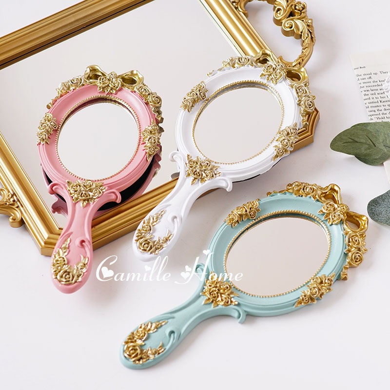 欧式复古手持化妆镜手柄镜便携单面学生镜小公主镜美容店化妆镜子-图1